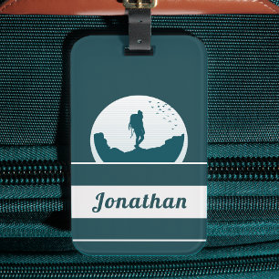 Retro Hiking Camping Landscape Custom Name Teal Luggage Tag