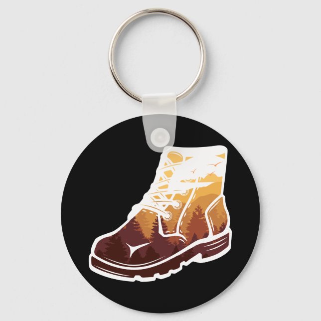 Retro Hiking Shoe Landscape - Wilderness Sunset Keychain (Front)