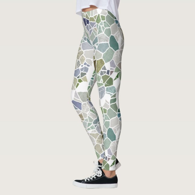 Retro Hip Teal Blue Green Taupe Mosaic Art Pattern Leggings (Left)