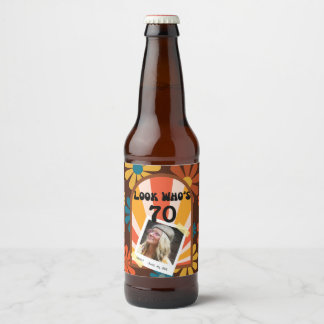 Retro Hippie 60's Custom Photo 70th Birthday Beer Bottle Label