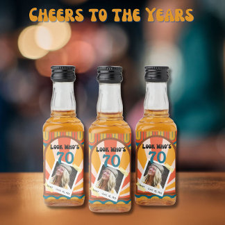 Retro Hippie 60's Custom Photo 70th Birthday Liquor Bottle Label