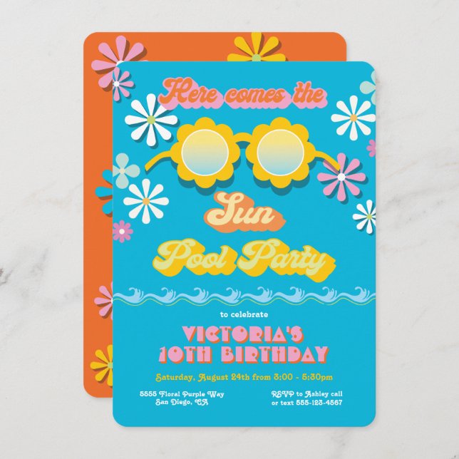 Retro Hippie 70's 60's Daisy Pool Party Birthday Invitation (Front/Back)
