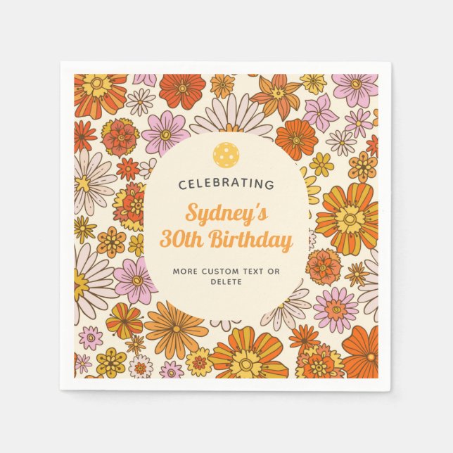 Retro Hippie 70s Floral Pattern Pickleball Party Napkin (Front)