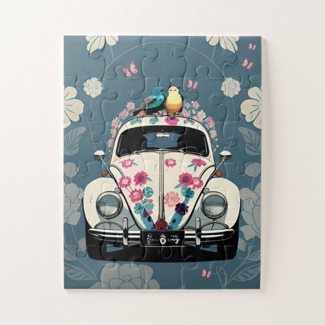 Retro Hippie Beetle Bug Car Floral Teal Jigsaw Puzzle (Vertical)