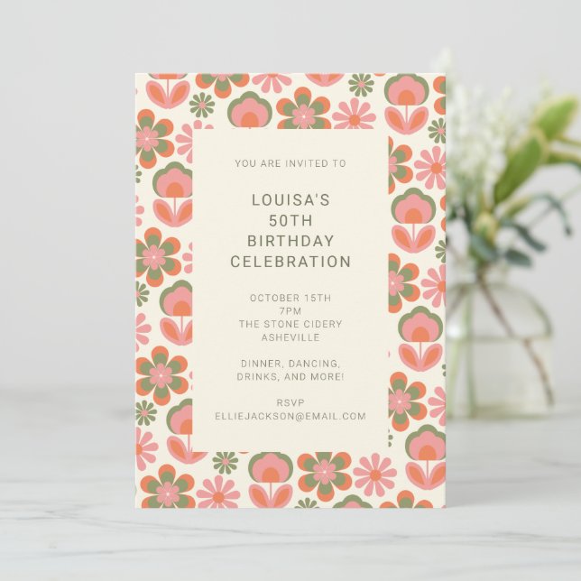 Retro Hippie Boho 70s Flower Pink Birthday Party Invitation (Standing Front)