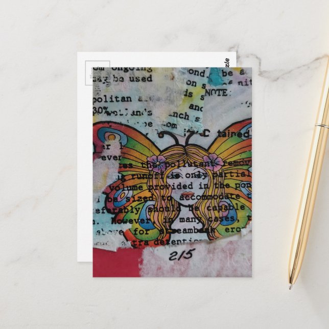 Retro Hippie Butterfly Woman Mixed Media Collage Postcard (Front/Back In Situ)