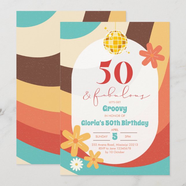 Retro Hippie Cinquante et fabuleuse invitation (Devant / Derrière)