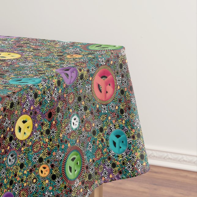 Retro Hippie Colourful Peace Sign 60s Pattern Tablecloth (In Situ)
