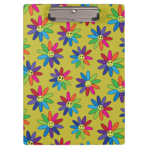 Retro  Hippie Colourful Smiling Flowers  Pattern Clipboard