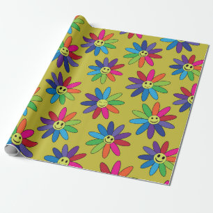 Retro hippie colourful smiling flowers pattern wrapping paper