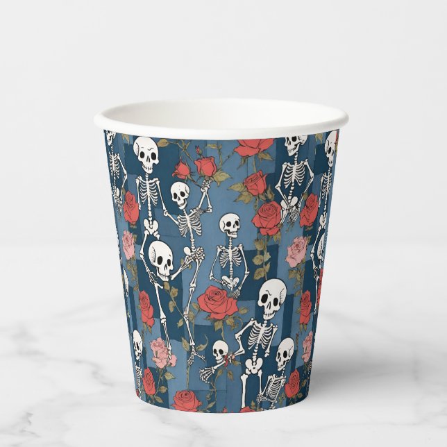 Retro Hippie Denim Patchwork Skeletons & Roses Paper Cups (Front)