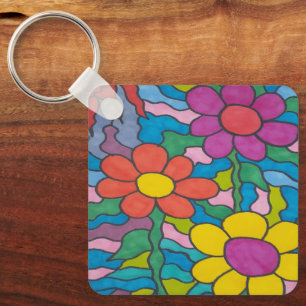 Retro Hippie Flower Art  Keychain