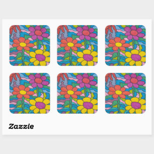 Retro Hippie Flower Art Square Sticker