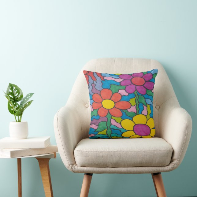 Retro Hippie Flower Art  Throw Pillow (Chair)