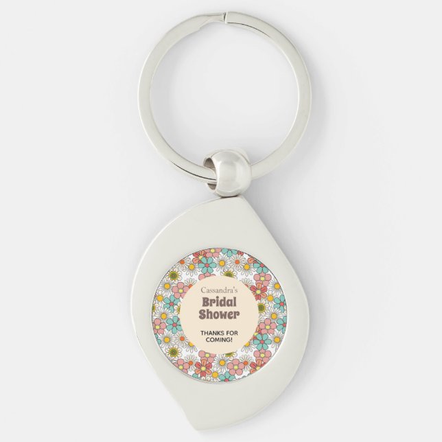 Retro Hippie Flower Bridal Shower Thank You Keychain (Front)