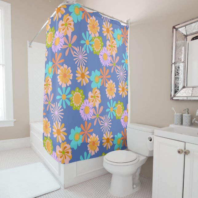 Retro Hippie Flower Pattern in Blue  (In Situ)