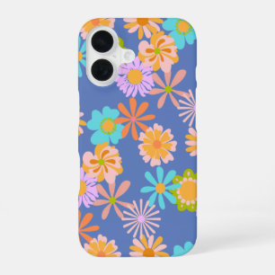 Retro Hippie Flower Pattern in Blue iPhone 16 Case