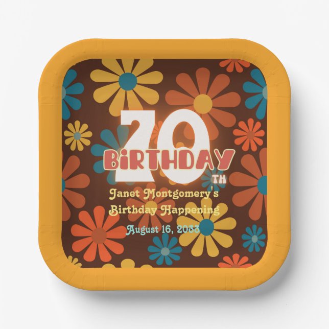 Retro Hippie Flower Personalized 70th Birthday  Paper Plate (Front)