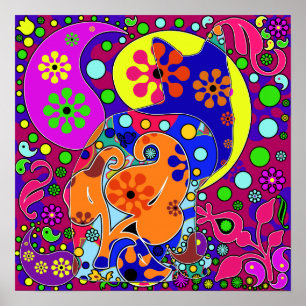 Retro Hippie Flower Power Colourful Cat Poster