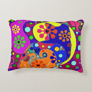 Retro Hippie Flower Power Paisley Cat Pop Art Accent Pillow