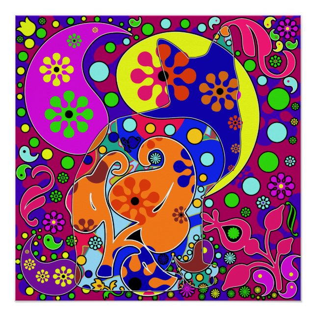 Retro Hippie Flower Power Paisley Cat Pop Art Poster (Front)