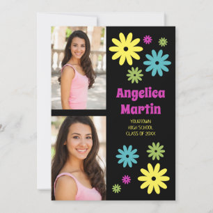 Retro Hippie Flowers 2 Photo Graduation  Announcement