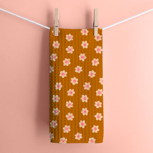 Retro Hippie Flowers on Camel Brown Kitchen Towel (Creator Uploaded)