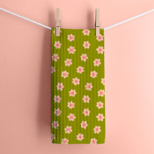 Retro Hippie Flowers on Olive Green Kitchen Towel