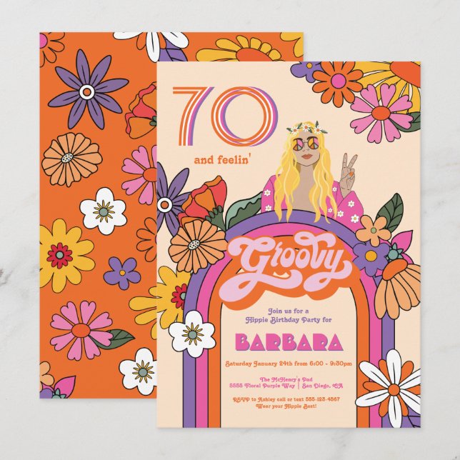 Retro Hippie Girl 70's 60's Groovy Birthday Party Invitation (Front/Back)