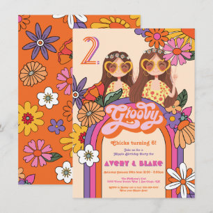 Retro Hippie Girl 70's 60's Groovy Birthday Twins Invitation