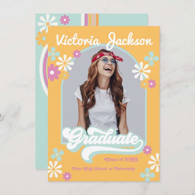 Retro Hippie Graduate Photo Faire-part (Devant / Derrière)