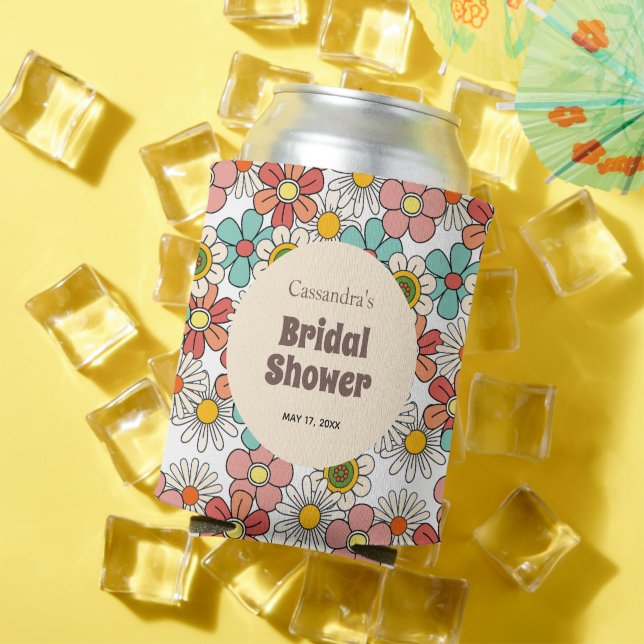 Retro Hippie Groovy Flower Bridal Shower  Can Cooler (In Situ Summer)