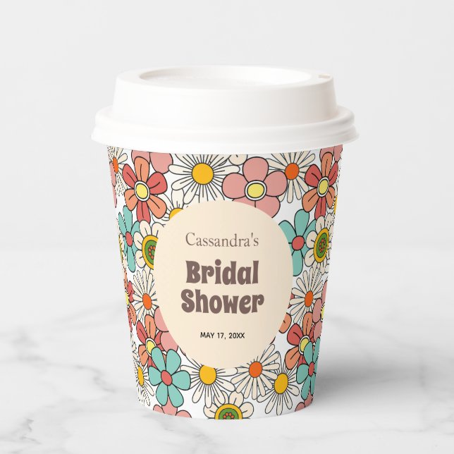 Retro Hippie Groovy Flower Bridal Shower  Paper Cups (Front)