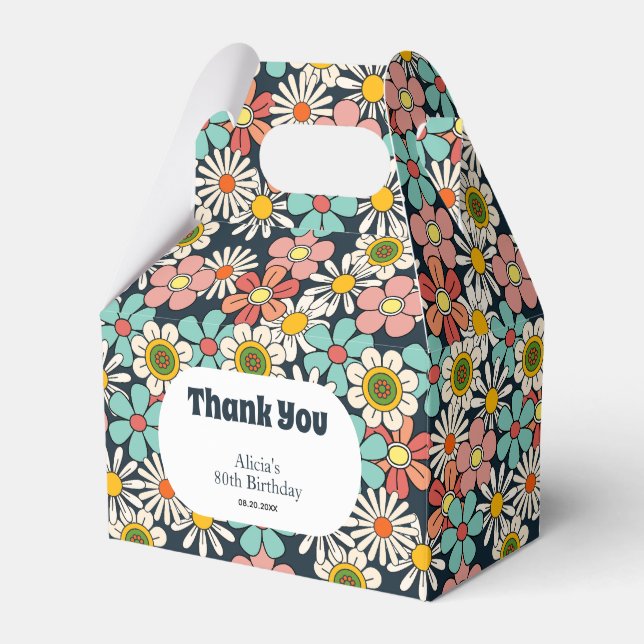 Retro Hippie Groovy Flower Hello Eighty Birthday Favor Box (Front Side)