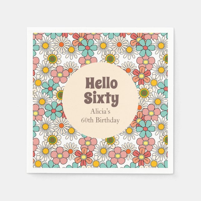 Retro Hippie Groovy Flower Hello Sixty Birthday Napkin (Front)