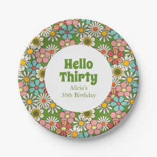 Retro Hippie Groovy Flower Hello Thirty Birthday Paper Plate