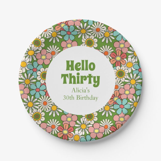Retro Hippie Groovy Flower Hello Thirty Birthday Paper Plate (Front)
