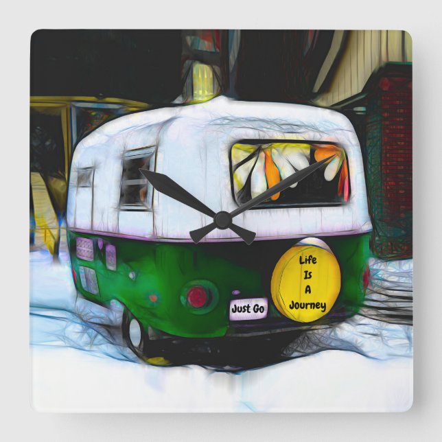 Retro Hippie Life Is A Journey Just Go Camper Square Wall Clock (Front)