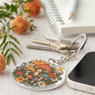 Retro Hippie Mushroom & Wildflower Illustration - Keychain
