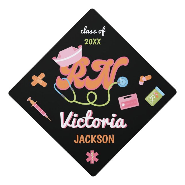 Retro Hippie Nurse Graduation Fun Icons Graduation Cap Topper (Front)