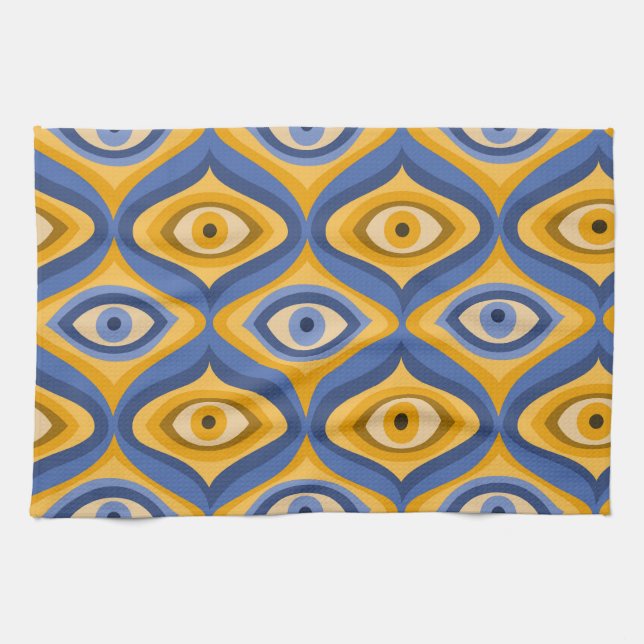 Retro Hippie Pattern - Psychedelic Eye Yellow Blue Kitchen Towel (Horizontal)