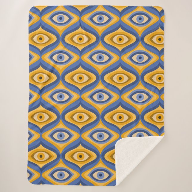 Retro Hippie Pattern - Psychedelic Eye Yellow Blue Sherpa Blanket (Front)