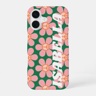 Retro Hippie Peace Flower Green Personalized Name iPhone 16 Case