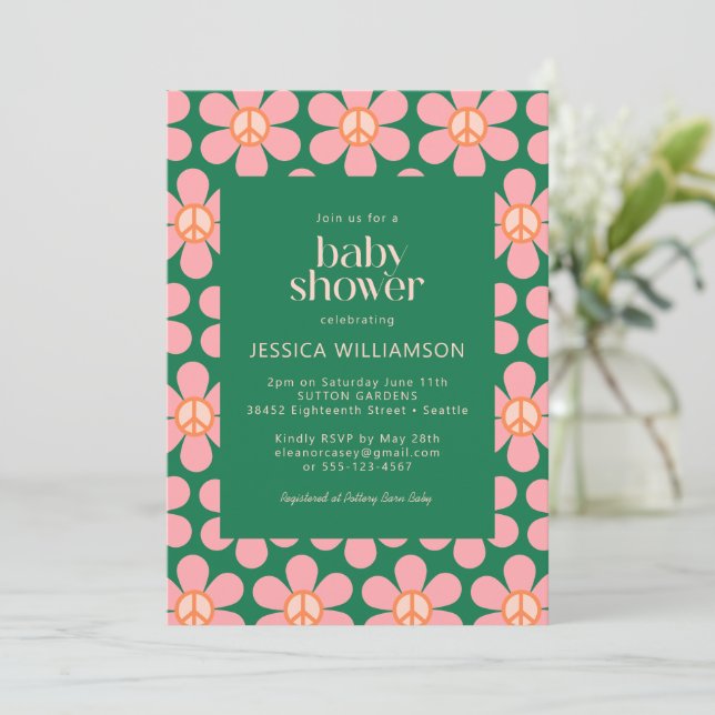 Retro Hippie Peace Flower Green Pink Baby Shower  Invitation (Standing Front)