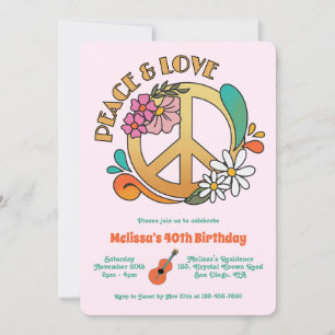 Retro Hippie Peace & Love Floral Birthday Invitation