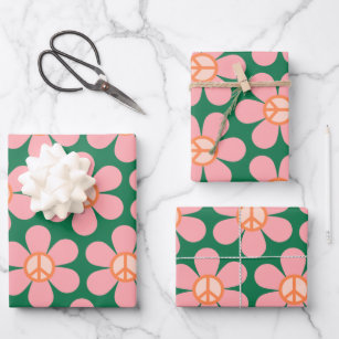 Retro Hippie Peace Sign Flower Green and Pink Wrapping Paper Sheet