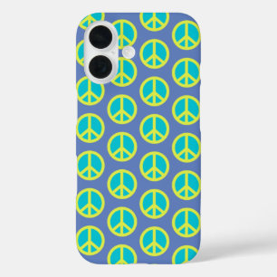 Retro Hippie Peace Sign Pattern in Blue   iPhone 16 Case