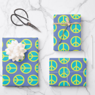 Retro Hippie Peace Sign Pattern in Blue  Wrapping Paper Sheet