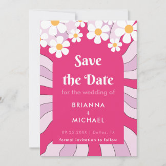 Retro Hippie Pink Arch Daisy Groovy Seventies 70s Save The Date