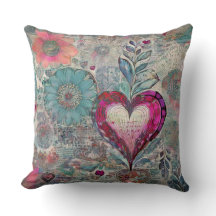 Retro Hippie: Pink Heart Throw Pillow